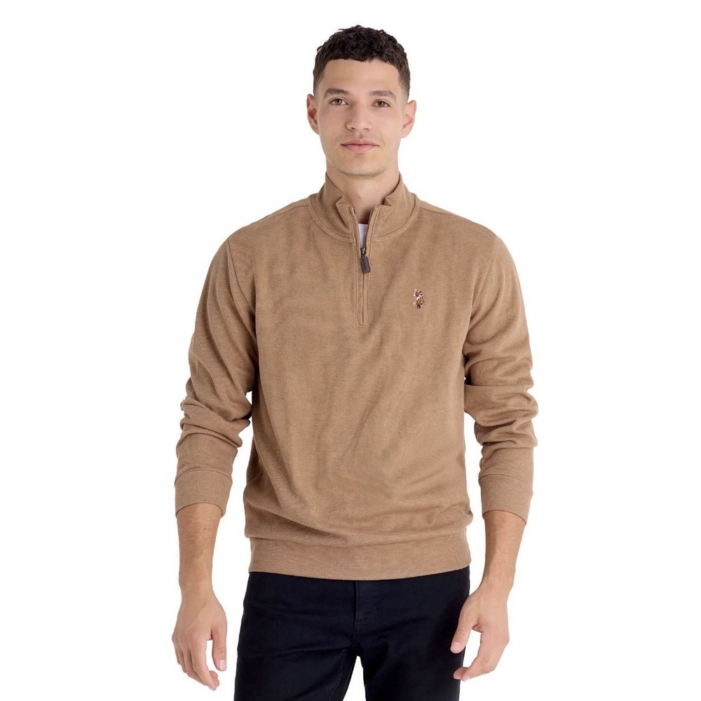 U.S. Polo Assn. Men's Quarter Zip Flatback Sweater Size 2XL Casual Formal Brown